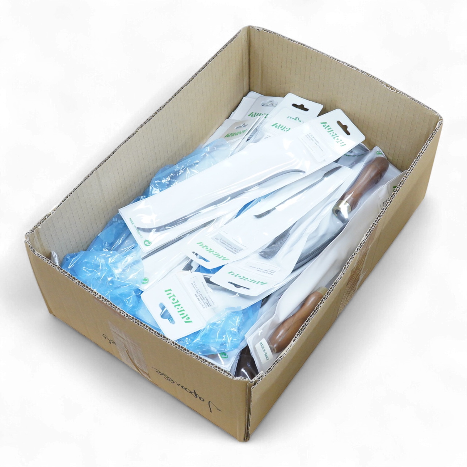 Thirty-three woodworking timber rasps by Auriou, including riffler rasps, taper rasps, square rasps, curved cabinet rasps, etc., all new in the original packets